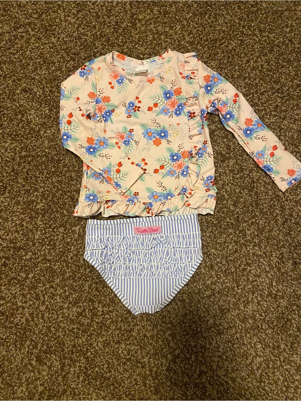 Ruffle Butts Girls' Floral Rash Guard Swim Set - Peach/Blue